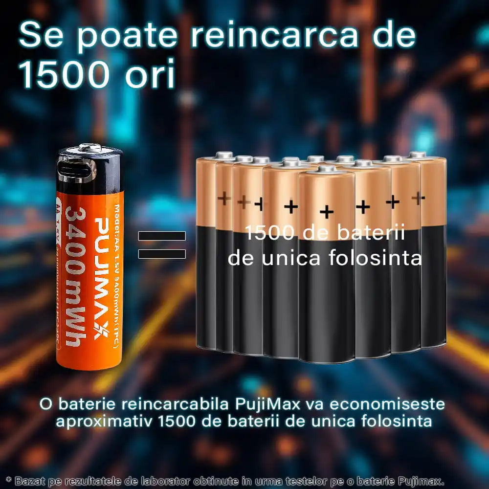 Baterie reincarcabila USB-C, baterie AA de 1,5 V, 3400 mWh