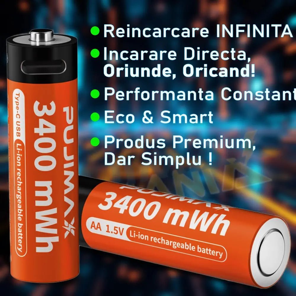 Baterii reincarcabile USB - C, baterie AA de 1,5 V, capacitate mare, 3400 mWh - Pujimax - Romania