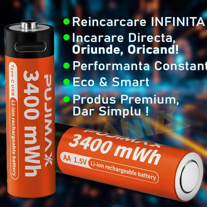Baterii reincarcabile USB - C, baterie AA de 1,5 V, capacitate mare, 3400 mWh - Pujimax - Romania