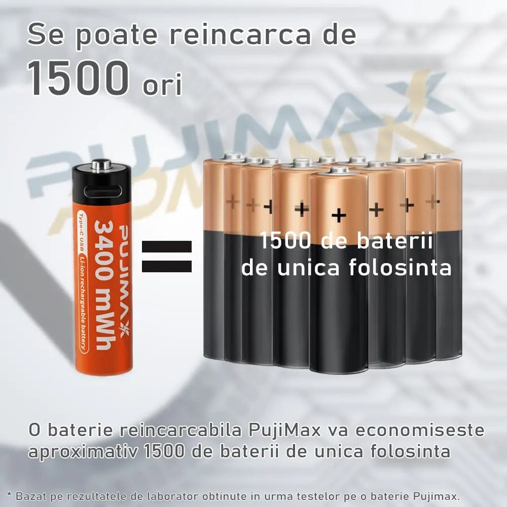 Baterii reincarcabile USB - C, baterie AA de 1,5 V, capacitate mare, 3400 mWh - Pujimax - Romania