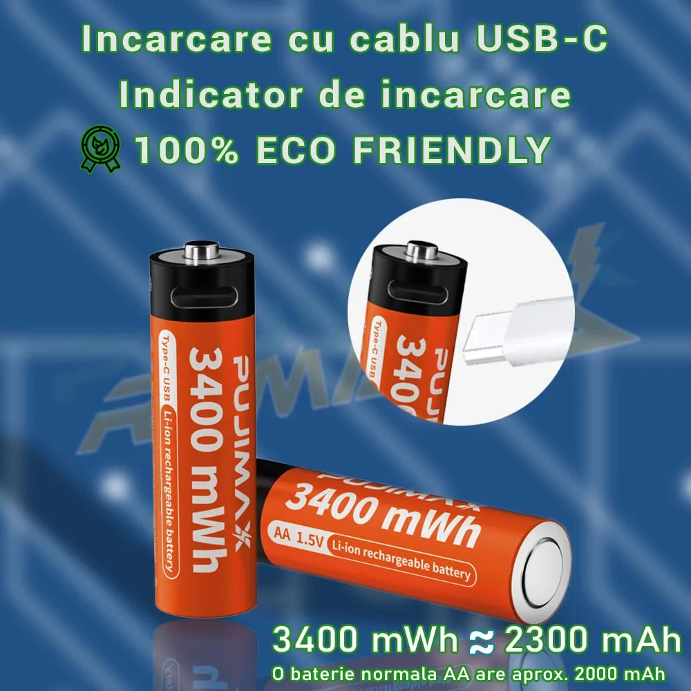 Baterii reincarcabile USB-C, baterie AA de 1,5 V, capacitate mare, 3400 mWh