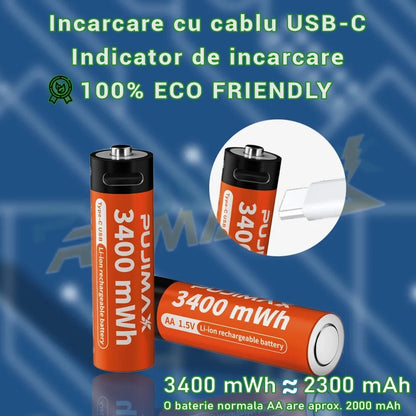 Baterii reincarcabile USB - C, baterie AA de 1,5 V, capacitate mare, 3400 mWh - Pujimax - Romania