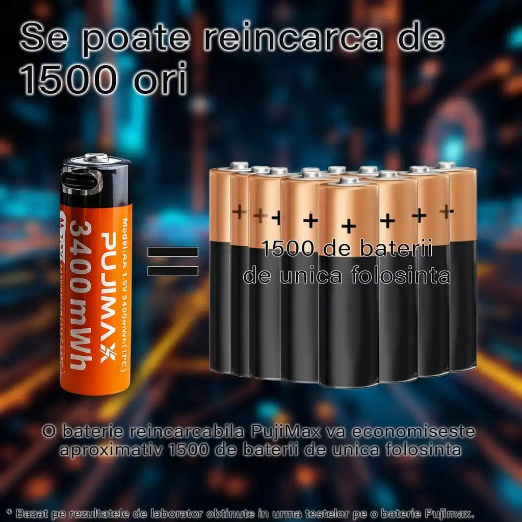 Set 2x Baterie reincarcabila USB-C, baterie AA de 1,5 V, capacitate mare, 3400 mWh