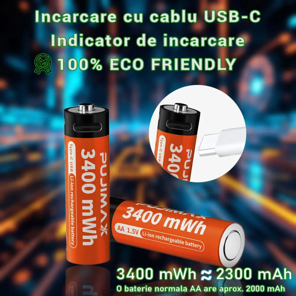 Set 2x Baterie reincarcabila USB-C, baterie AA de 1,5 V, capacitate mare, 3400 mWh